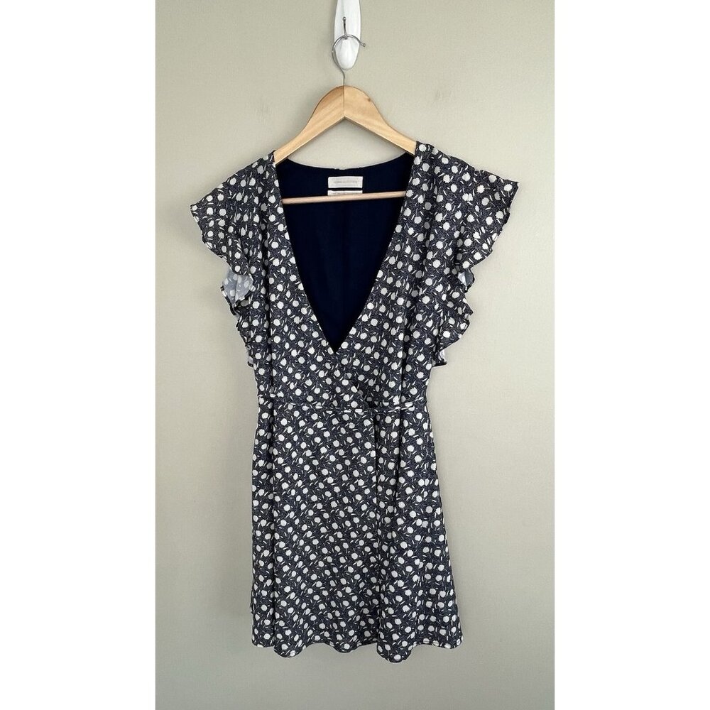 Urban Outfitters Floral Wrap Dress Navy White‎ Womens Sz Small Ruffle Sleeves